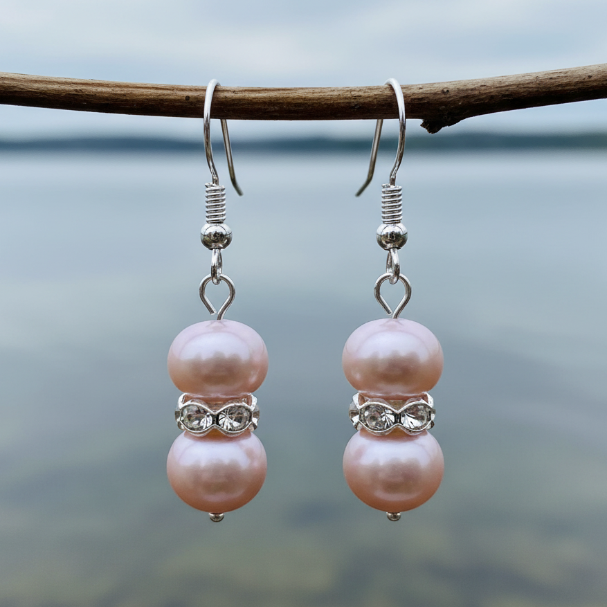 Roze zoetwater parel oorbellen met stras steentjes en sterling zilver 925 hangend aan takje | Bling Pearl Purple