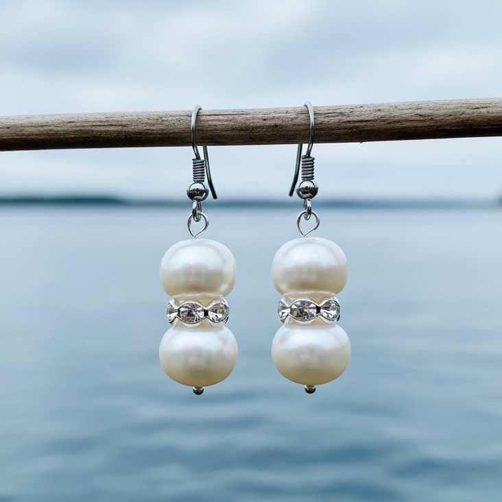 Witte zoetwater parel oorbellen met stras stenen en sterling zilver 925 hangend aan takje | Bling Pearl