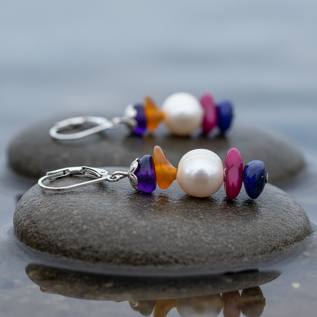 Zoetwater parel oorbellen met witte parel en gekleurde schelpjes met edelstaal liggend op steen met zijaanzicht | Bold Happy