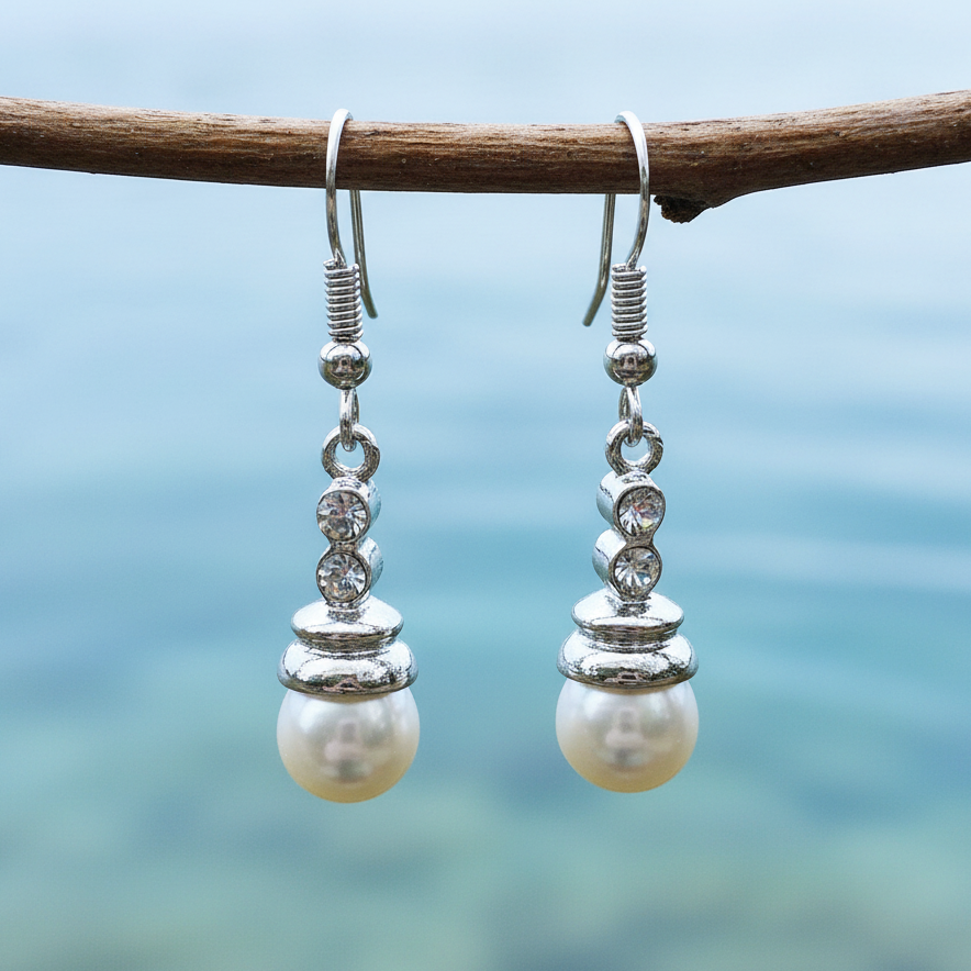 Witte zoetwater parel oorbellen met stras steentjes en sterling zilver 925 hangend aan takje boven water | Bong