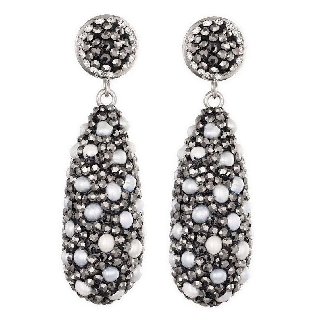 Lange zoetwater parel oorbellen met kleine witte pareltjes en stras steentjes | Bright Long Pearl Dots