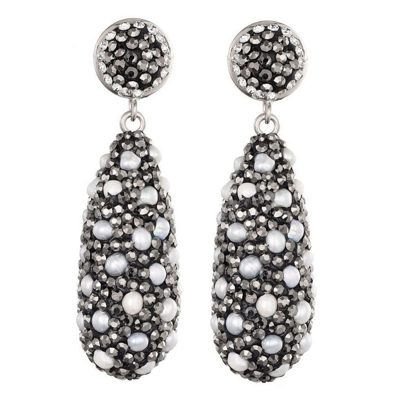 Lange zoetwater parel oorbellen met kleine witte pareltjes en stras steentjes | Bright Long Pearl Dots