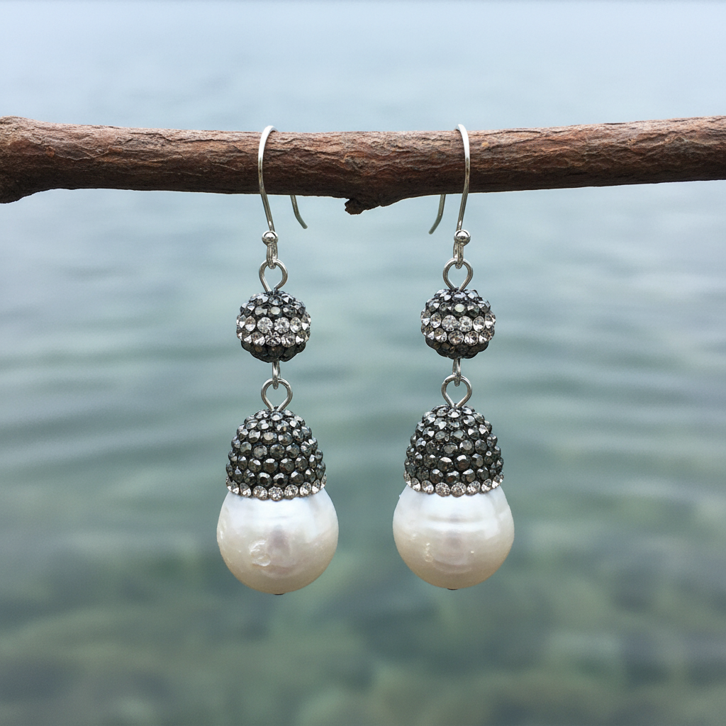 Witte parel oorbellen met stras steentjes en sterling zilver (925) hangend aan takje |  Bright Paerl Dangling Nut
