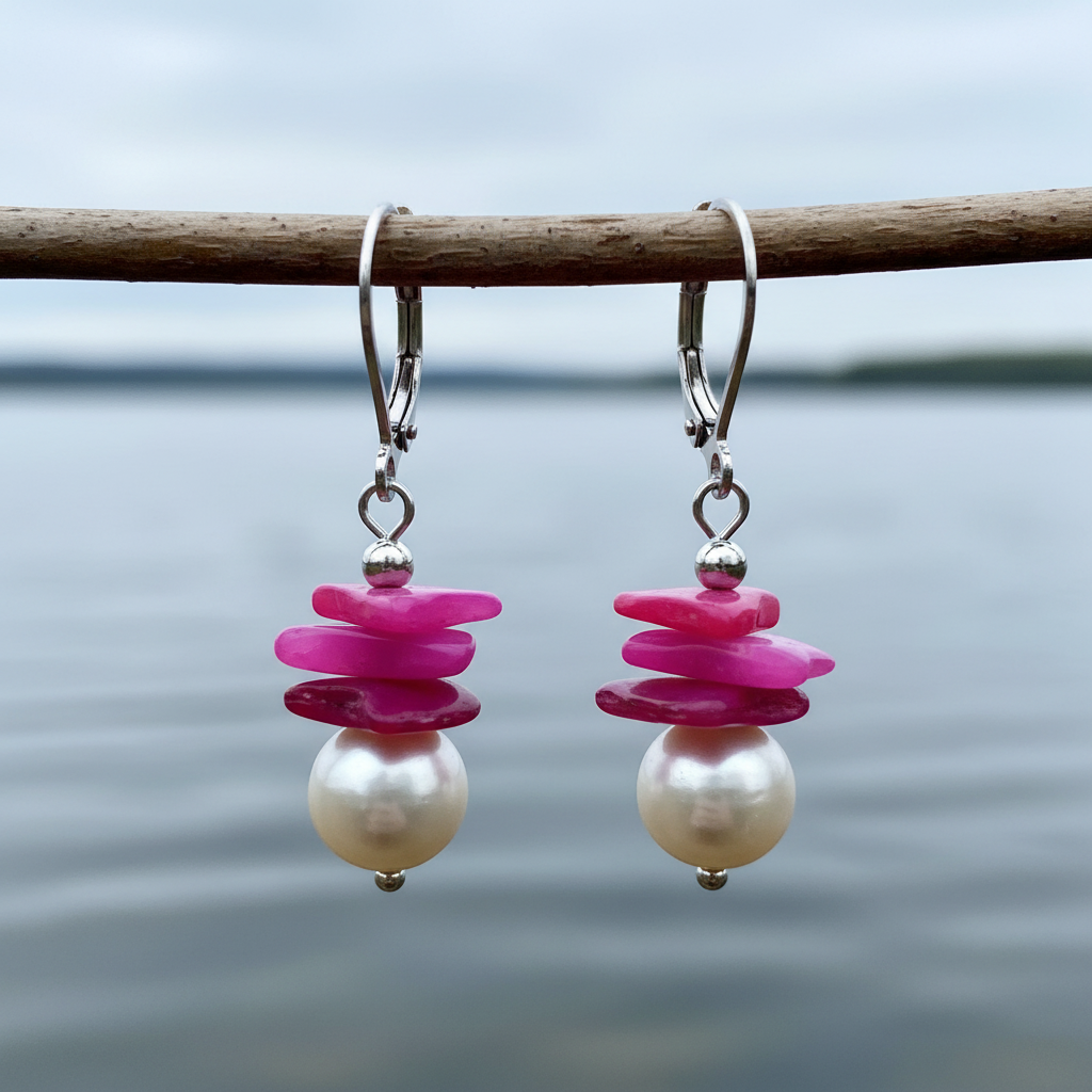Witte zoetwater parel oorbellen met pink gekleurde stukjes schelp en edelstaal hangend aan takje boven water | Candy