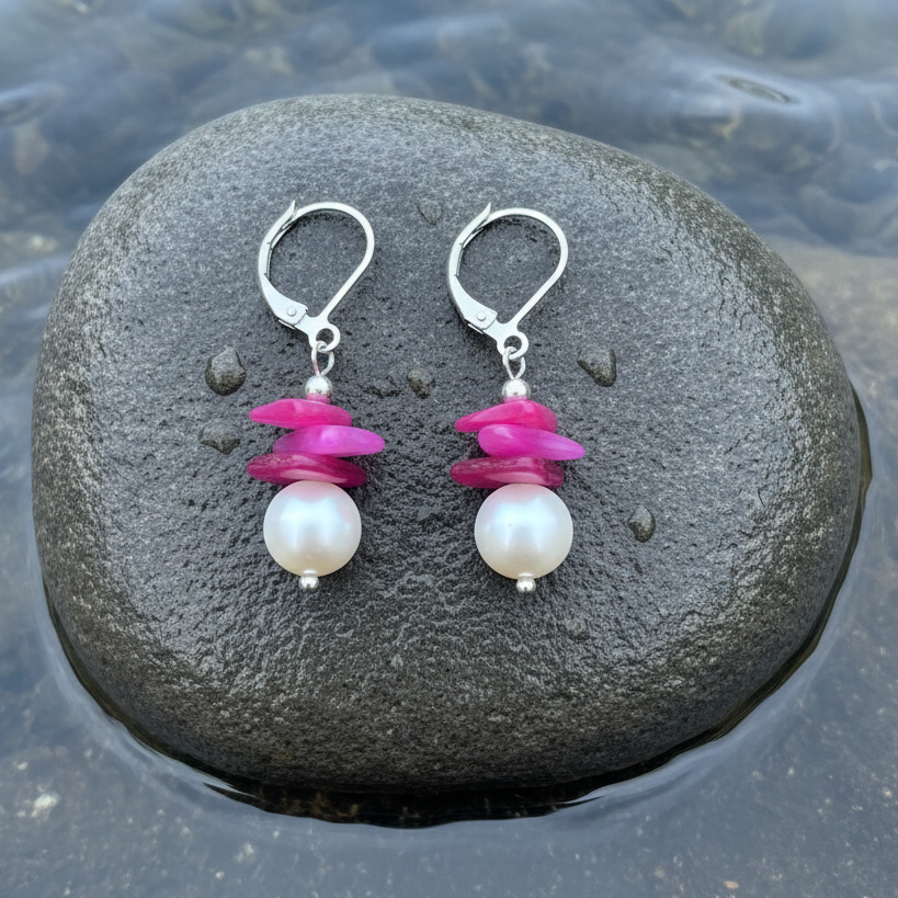 Witte zoetwater parel oorbellen met pink gekleurde stukjes schelp en edelstaal liggend op steen in water | Candy