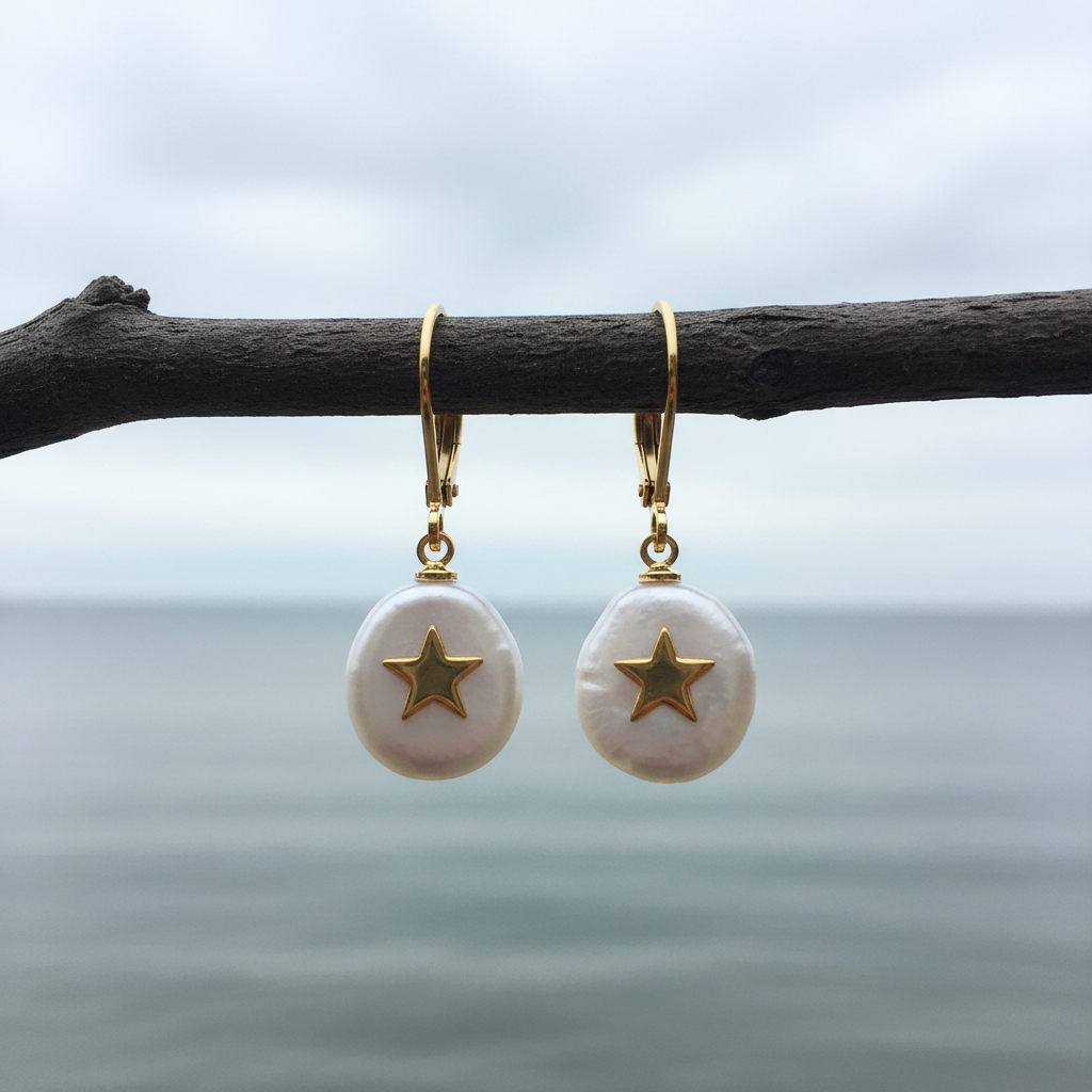 Witte zoetwater parel oorbellen met goud edelstaal en een parel hanger met een gouden ster erop hangend aan takje | Coin Pearl Golden Star