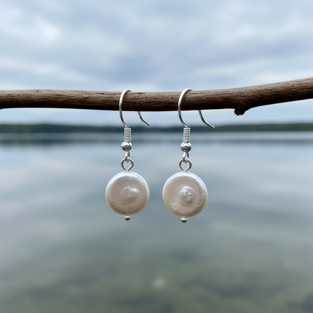 Witte zoetwater parel oorbellen met sterling zilver (925) hangend aan takje | Colly White