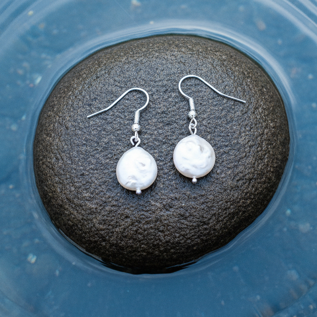 Witte zoetwater parel oorbellen met sterling zilver (925) liggend op steen | Colly White