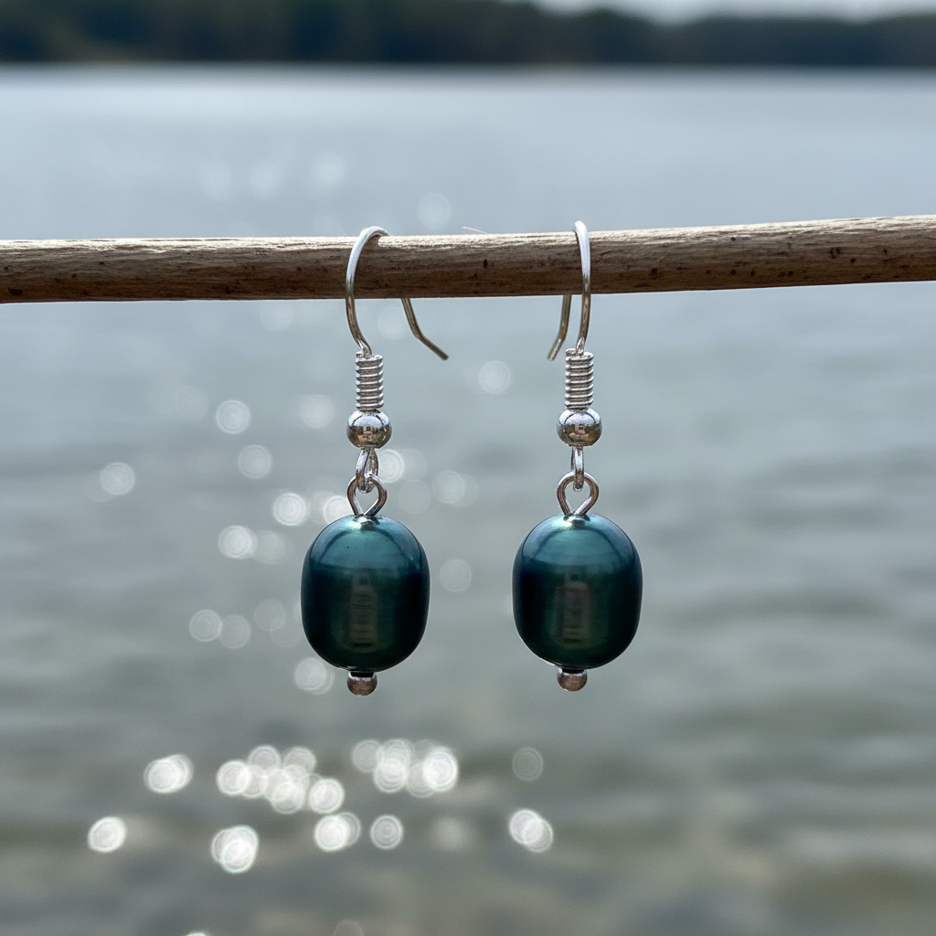 Blauw groene zoetwater parel oorbellen met sterling zilver (925) hangend aan takje boven water | Dangling Blue Green Pearl