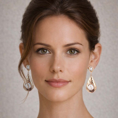 Lange witte parel oorknoppen met goud op model | Gold Boldy