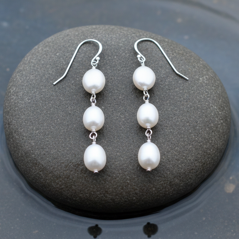 Lange parel oorbellen op steen