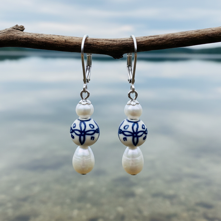 Zoetwater parel oorbellen met witte parels, parelmoer, Delfts blauwe ornament en edelstaal hangend aan takje | Hollands Glorie Bedeltje