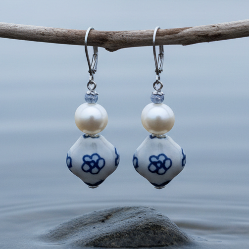 Zoetwater parel oorbellen met witte parel, Delfts blauwe ornament en edelstaal  hangend aan takje | Hollands Glorie Bloem
