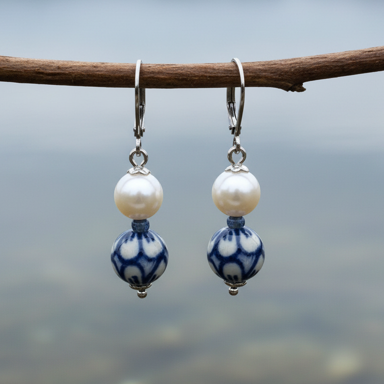 Zoetwater parel oorbellen met witte parels, Delfts blauw ornament en edelstaal hangend aan takje | Hollands Glorie Round Flower White
