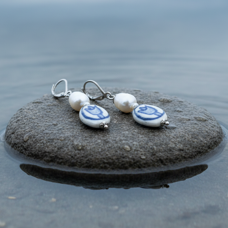 Zoetwater parel oorbellen met witte parels, Delfts blauw ornament en edelstaal liggend op steen in water | Hollands Glorie Tulp Wit