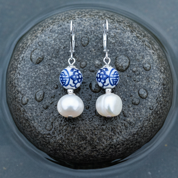 Bovenaanzicht witte parel en Delfts blauwe oorbellen op natte steen