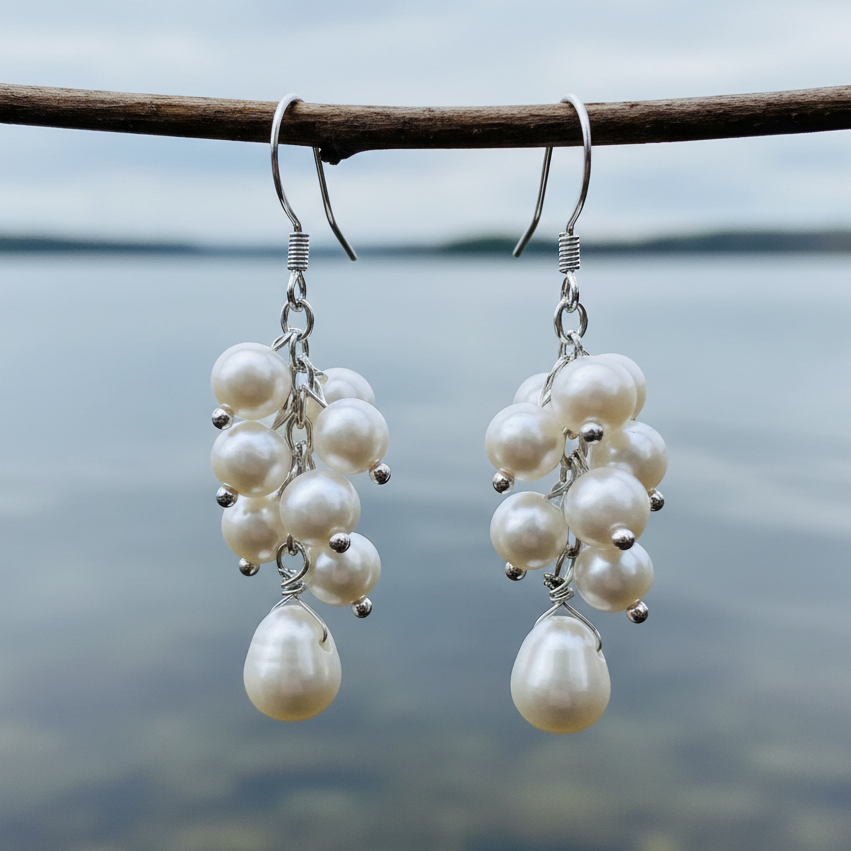 Zoetwater parel oorbellen met witte parels en sterling zilver (925) hangend aan takje | Jozien