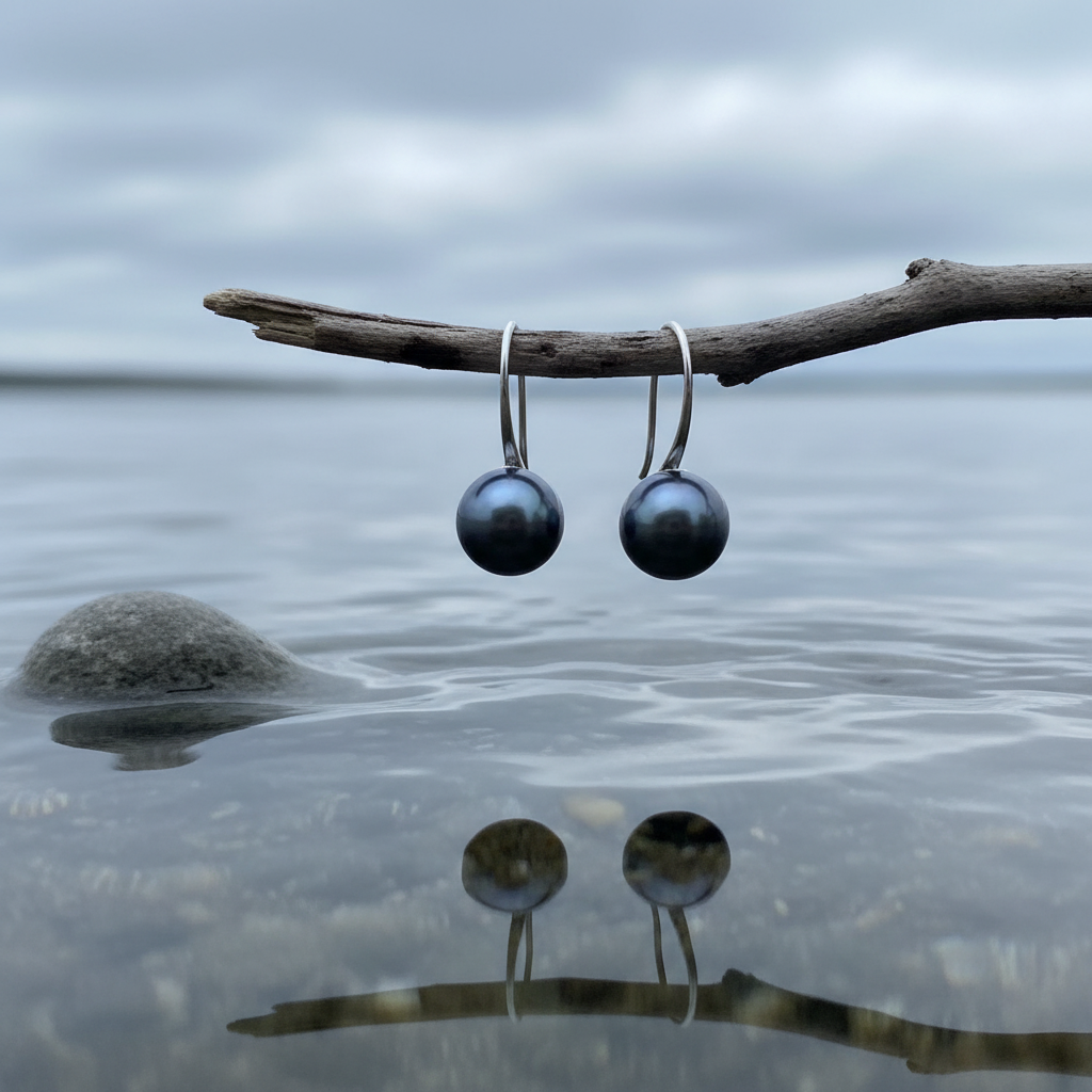 Zoetwater parel oorbellen met zwart blauwe parel, voor- en zijaanzicht | Leis Black