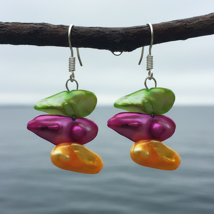 Muliti color gekleurde parel oorbellen met sterlling zilver (925) hangend aan takje | Lilou