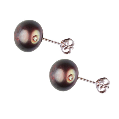 Bruine zoetwater parel oorknoppen met sterling zilver (925) zijaanzicht | Little Bling Bold Brown Pearl