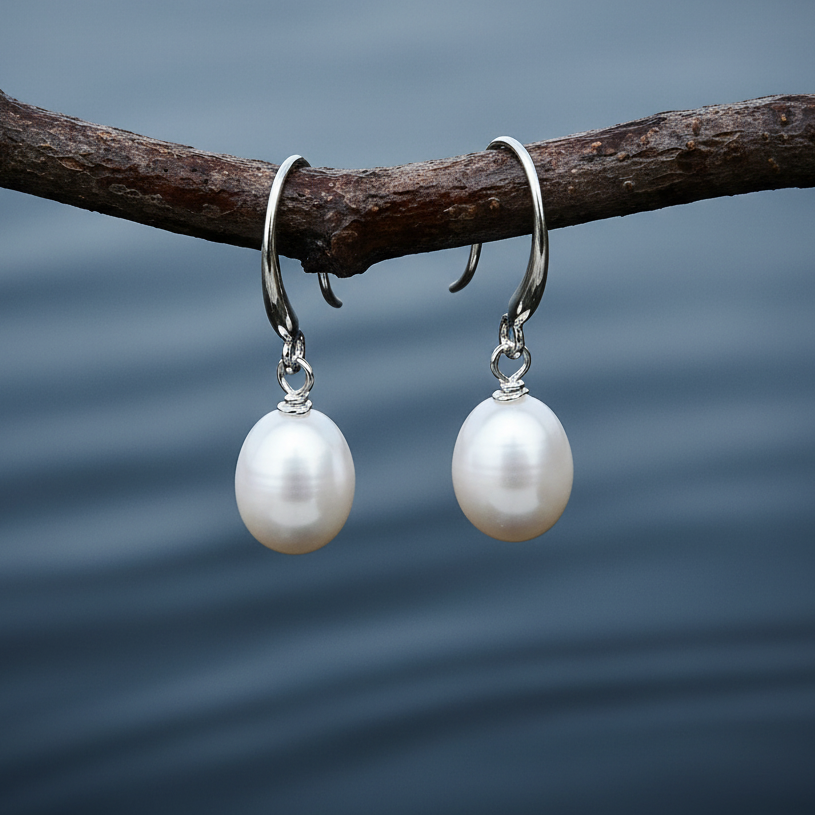 Witte zoetwater parel oorbellen hangend aan takje boven water, oorbel hangers | Maureen W