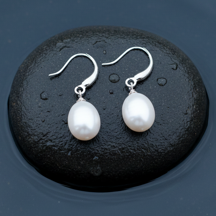 Witte zoetwater parel oorbellen liggend op steen in water, oorbel hangers | Maureen W