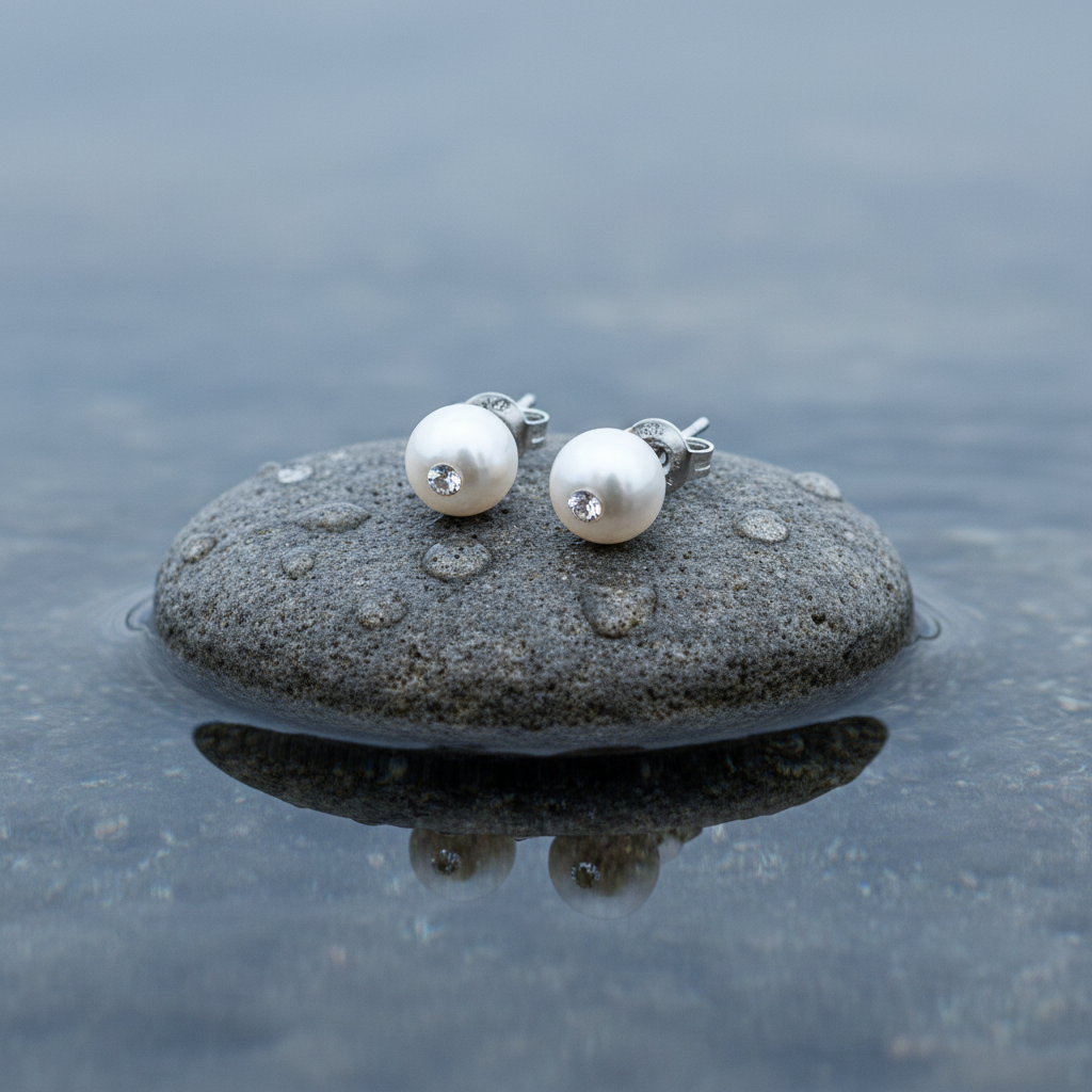 Witte zoetwater parel oorbellen met stras steentje, parel oorknopje liggend op steen | Mea Bling Small White