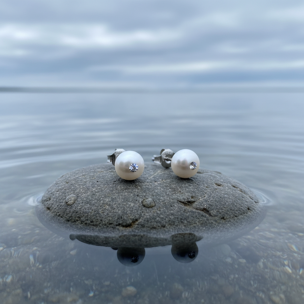 Witte zoetwater parel oorbellen met stras steentje, parel oorknopje liggend op steen in water vooraanzicht | Mea Bling Small White