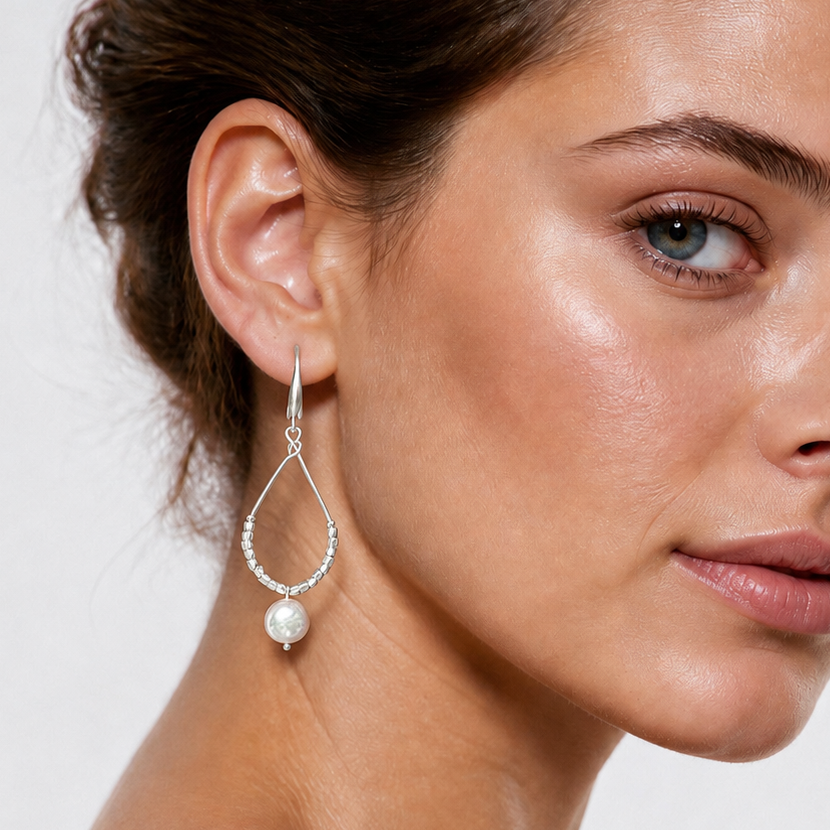 Lange witte zoetwater parel oorbellen met witte coin parel en mat zilver op model | Milany Silver