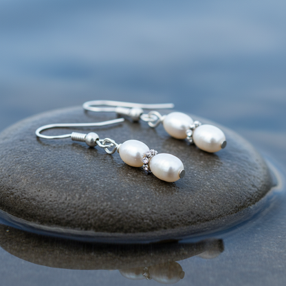 Witte zoetwater parel oorbellen met sterling zilver (925) liggend op steen in water | Mini