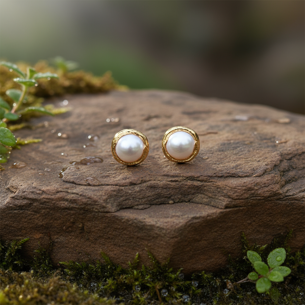 Witte zoetwater parel oorbellen met gouden rand liggend op bruine steen | One Gold Stud Pearl