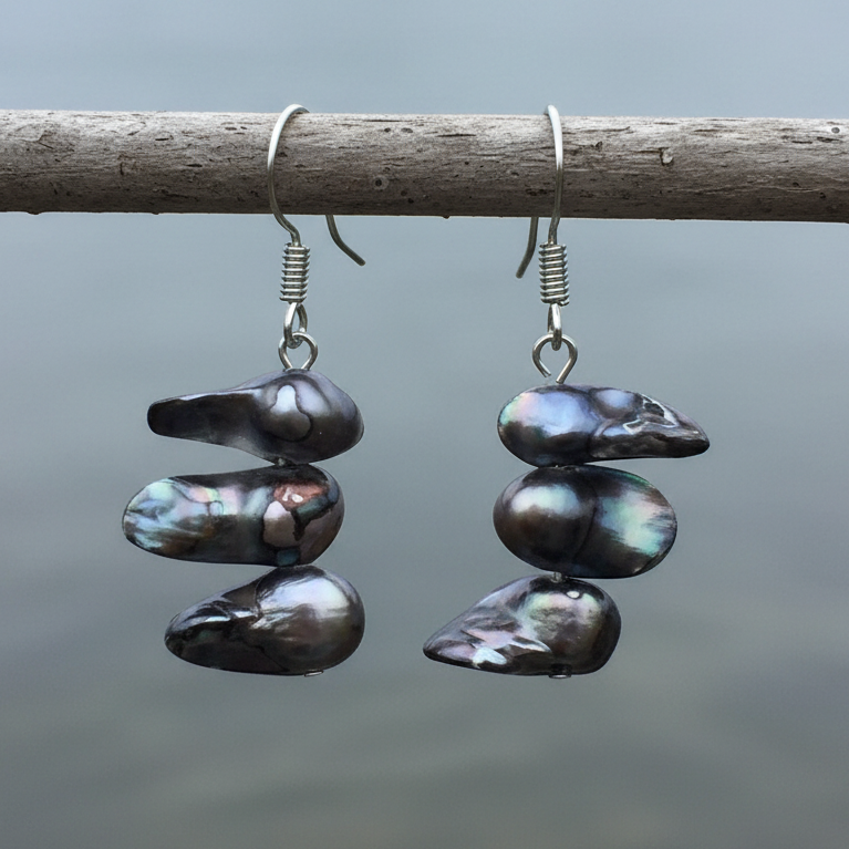 Zoetwater parel oorbellen met grijze parels en sterling zilver (925) hangend aan takje | Pearl Blister Black