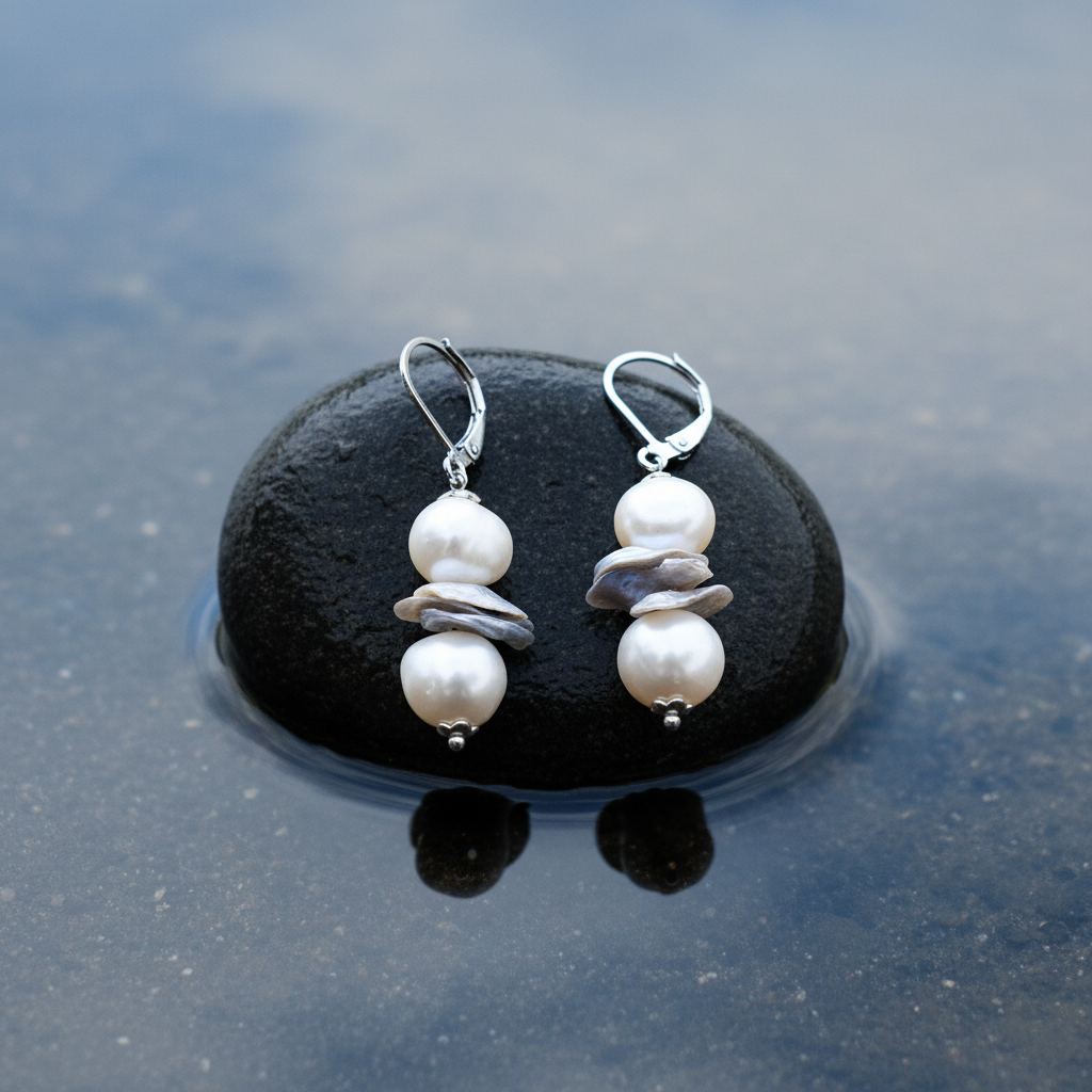 Zoetwater parel oorbellen met witte en grijze parels en zilver edelstaal liggend op steen | Pearl Grey Chip