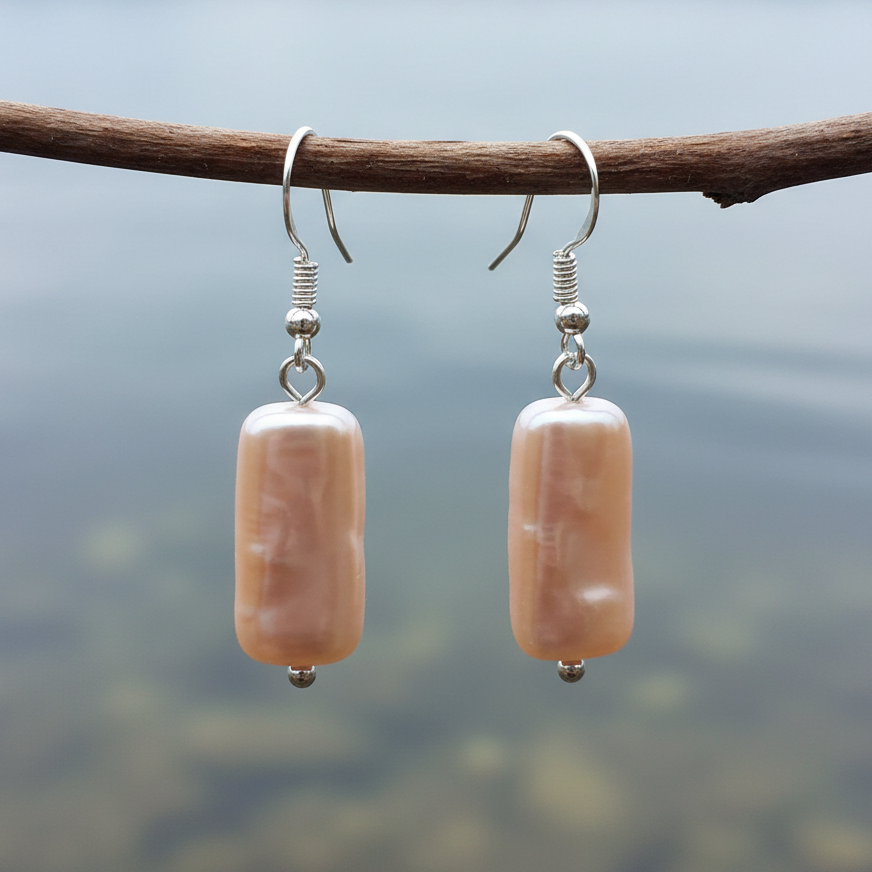 Zoetwater parel oorbellen met zalm kleurige rechthoekige parel en sterling zilver (925) hangend aan takje | Pearl Rectangle Peach