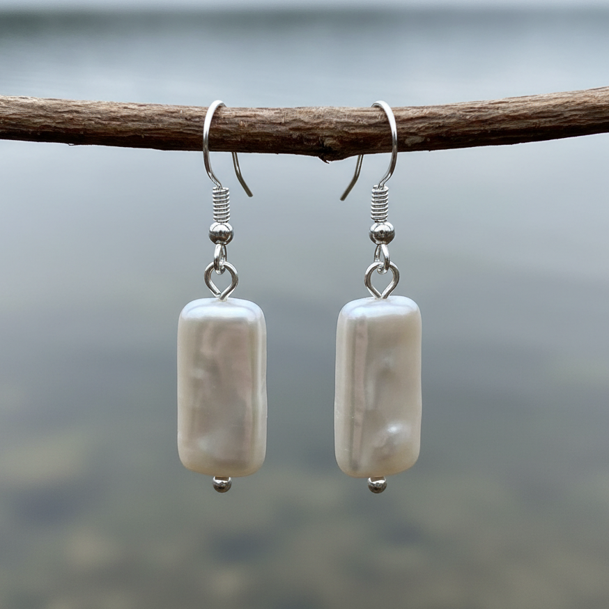 Zoetwater parel oorbellen met witte rechthoekige parels en sterling zilver (925) hangend aan takje | Pearl Rectangle White