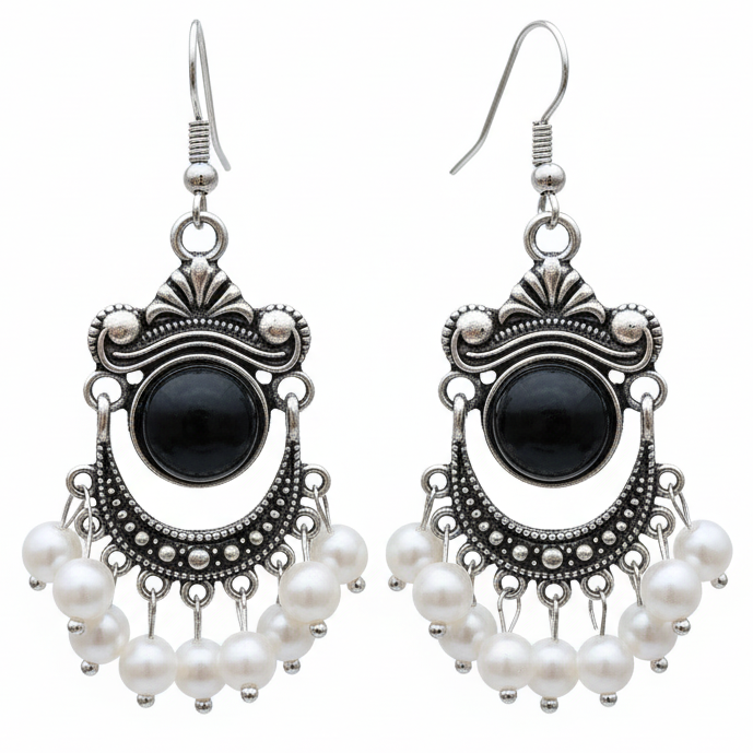 Lange zoetwater parel oorbellen met witte parels en sterling zilver (925) in retro stijl | Pearl Retro Black