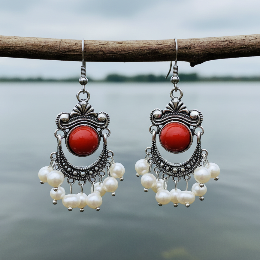 Witte zoetwater parel oorbellen met sterling zilveren oorbelhaakjes hangend aan takje | Pearl Retro Red