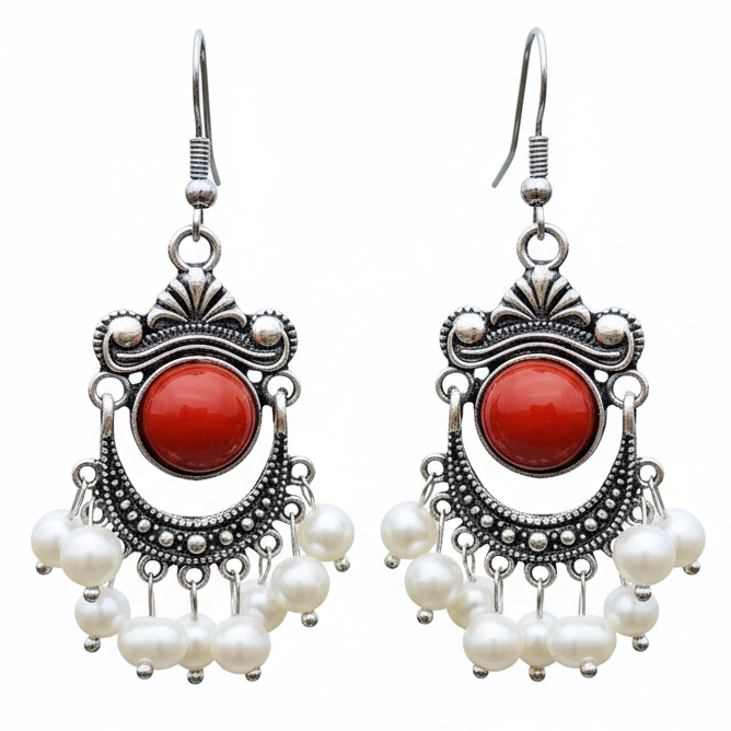Witte zoetwater parel oorbellen met sterling zilveren oorbelhaakjes | Pearl Retro Red