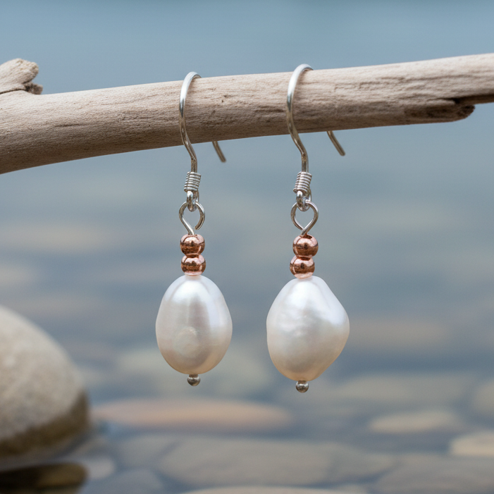 Witte zoetwater parel oorbellen met echte parels en sterling zilver (925) hangend aan takje | Pearl Rose