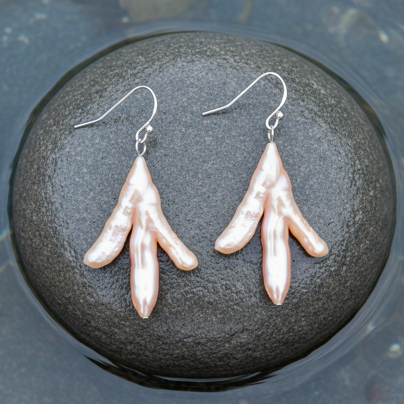 Bijzondere zoetwater parel oorbellen met zalm kleurige parels en sterling zilver (925) liggend op steen in water | Pearl Tripod Pink