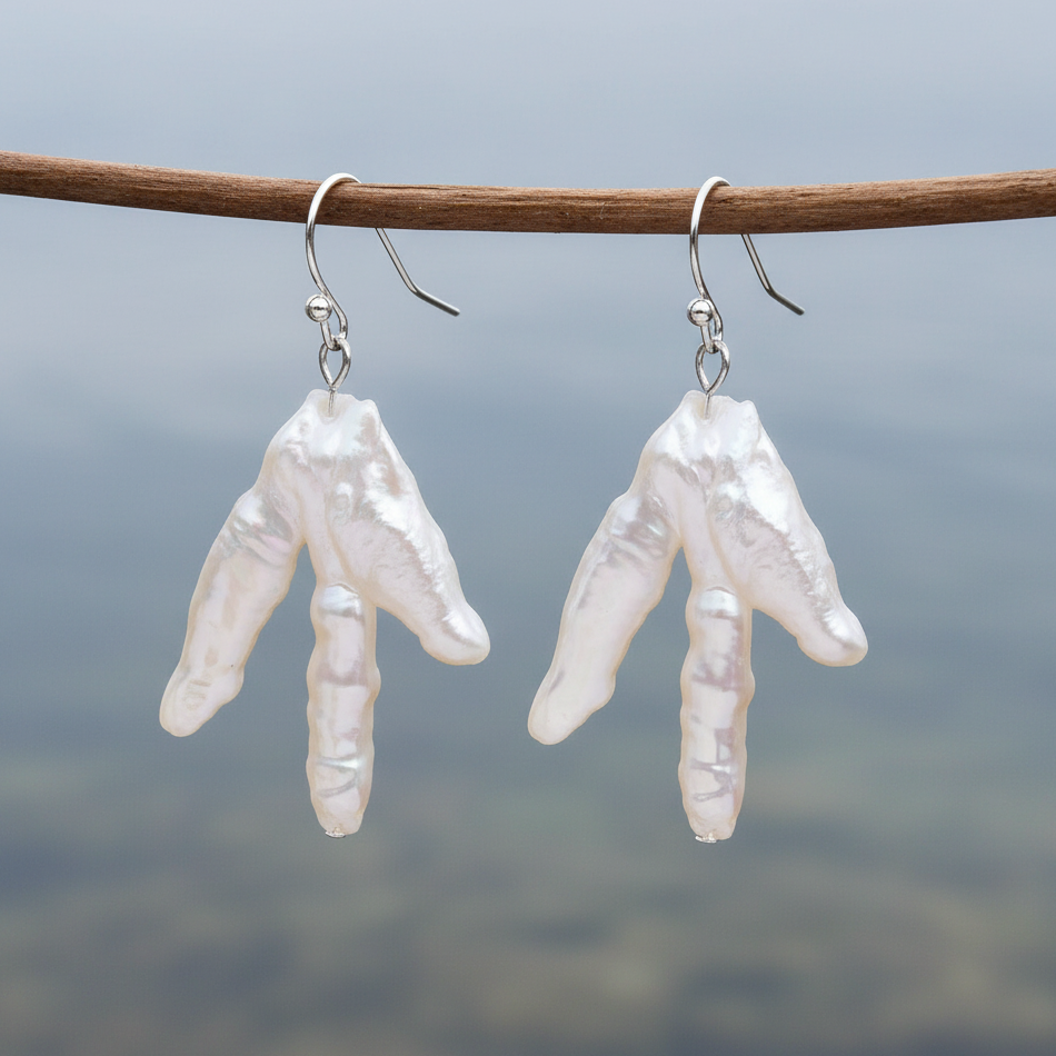 Bijzondere zoetwater parel oorbellen met witte parel en sterling zilver (925) hangend aan takje | Pearl Tripod White