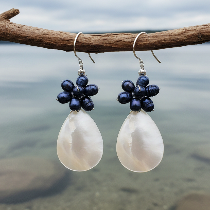 Zoetwater parel oorbellen met blauwe parels, wit parelmoer en sterling zilver (925) l | Purssian Blue Pearl White Shellhangend aan takje