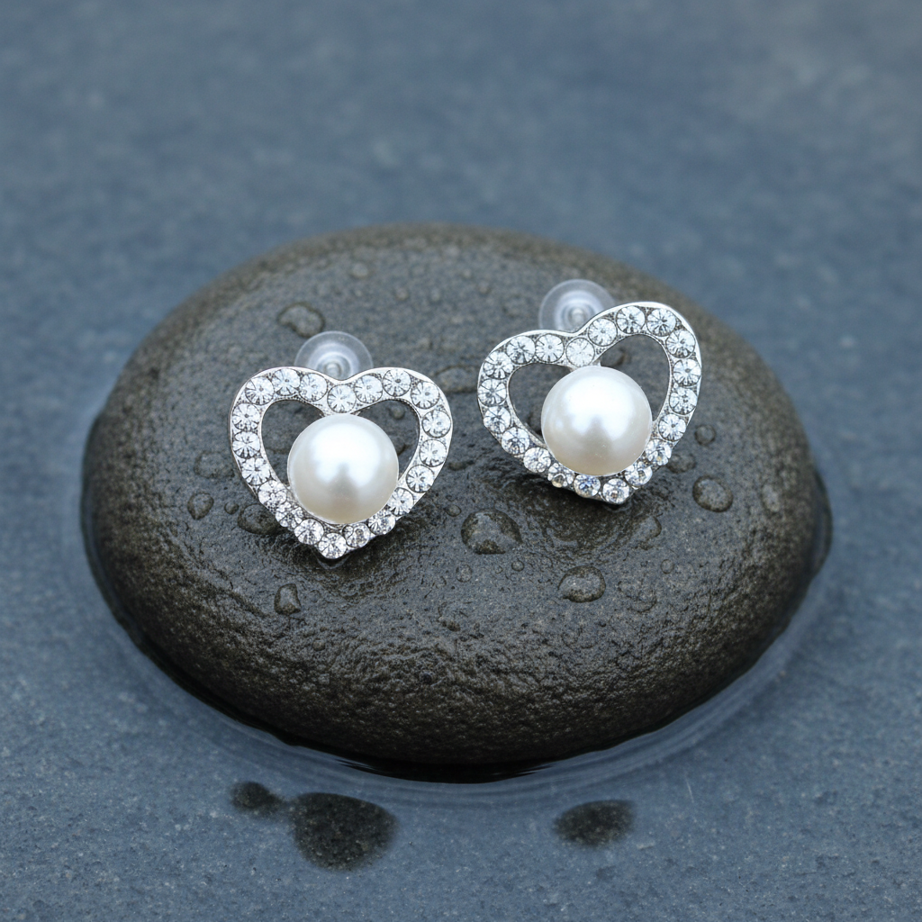 Zoetwater parel oorbellen met witte parel en stras steentjes in hart vorm liggend op steen | Radiant Pearl Heart