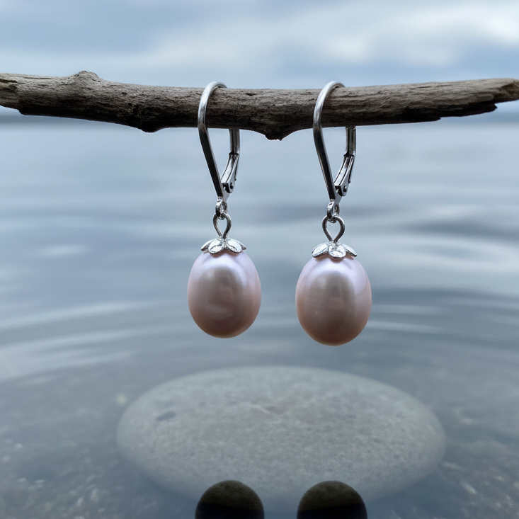 Roze zoetwater parel oorbellen met sterling zilveren (925) oorbelhaakje hangend aan takje boven water | Rola