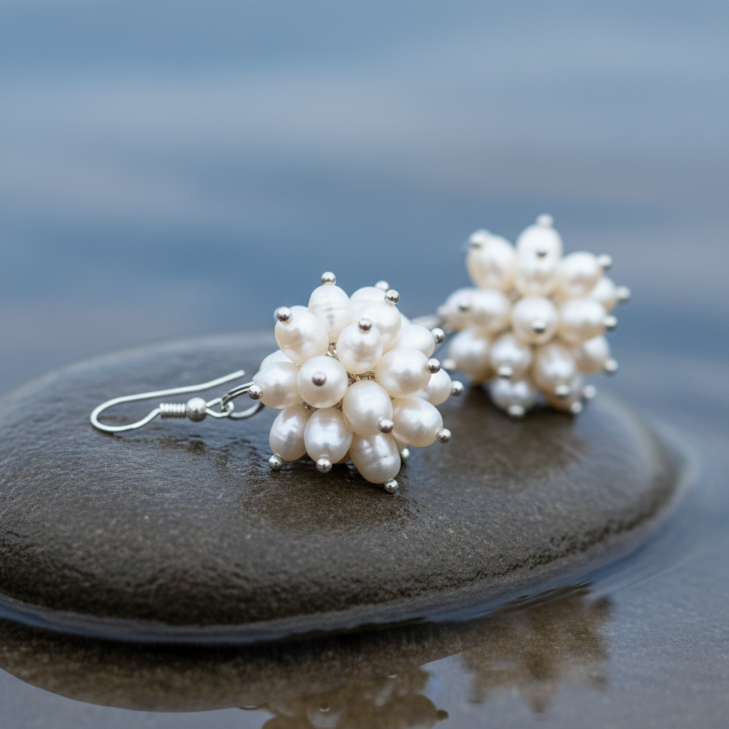 Witte zoetwater parel oorbellen met sterling zilver (925) liggend op steen in water | Snow Ball