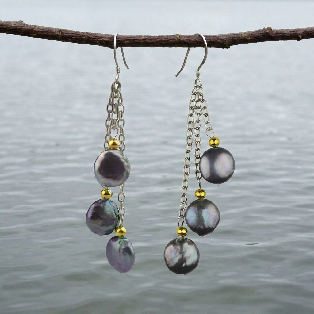 Lange zoetwater parel oorbellen met paars blauwe parels en sterling zilver (925) hangend aan takje boven water | Vivienne