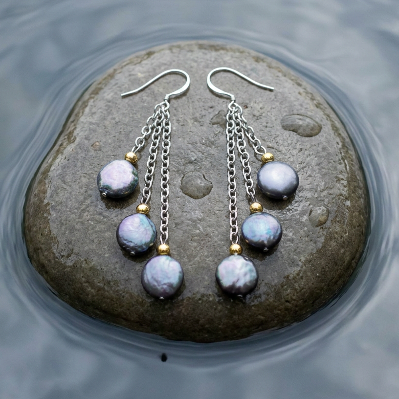Lange zoetwater parel oorbellen met paars blauwe parels en sterling zilver (925) liggend op steen in water | Vivienne 