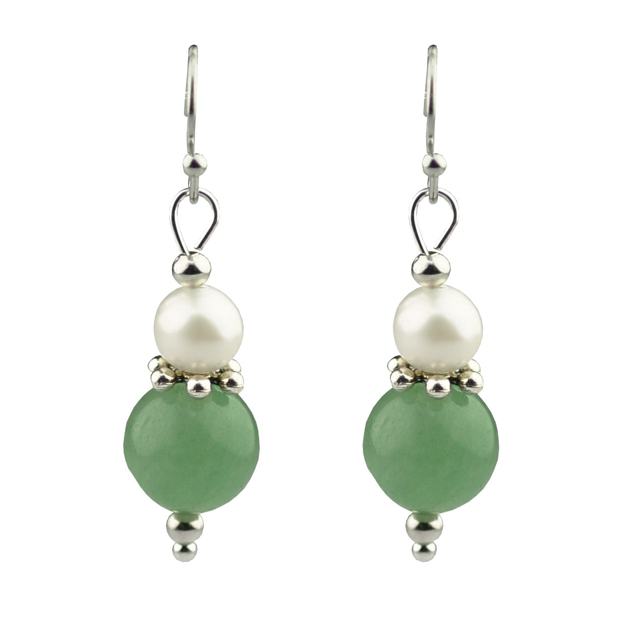 Witte zoetwater parel oorbellen met aventurien en sterling zilver (925) vooraanzicht | Amilia Green Aventurine