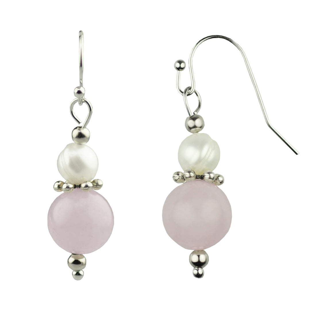Witte zoetwater parel oorbellen met roze edelsteen rozenkwarts en sterling zilver (925) | Amilia Rose Quartz
