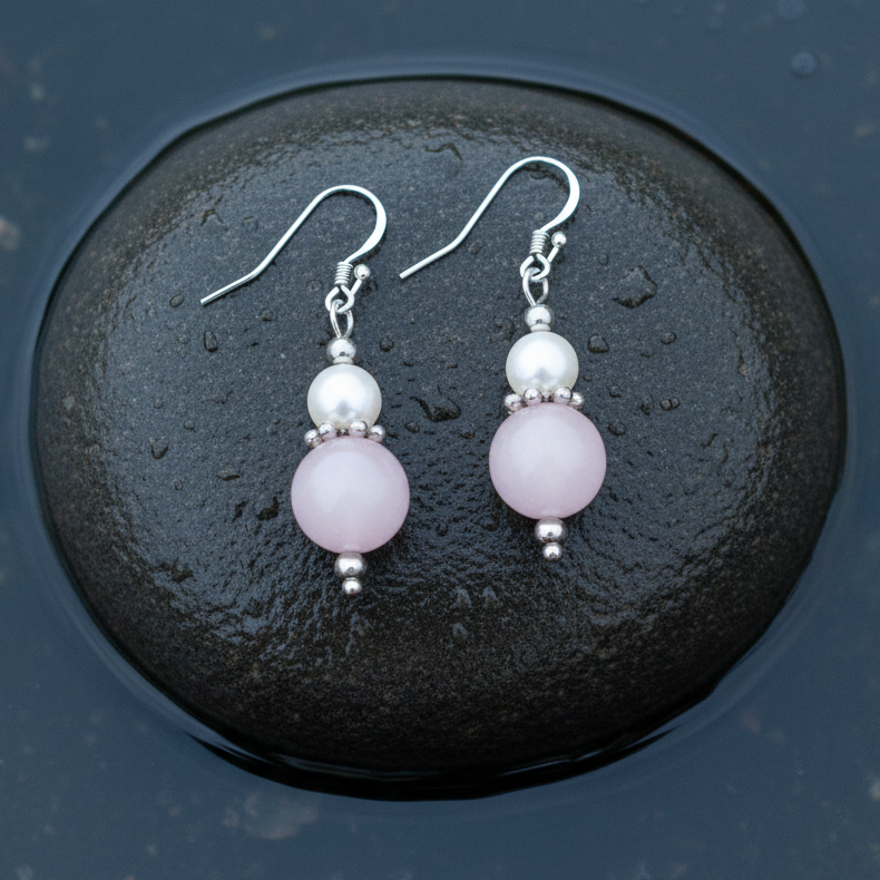 Witte zoetwater parel oorbellen met roze edelsteen rozenkwarts en sterling zilver (925) liggend op steen in water | Amilia Rose Quartz
